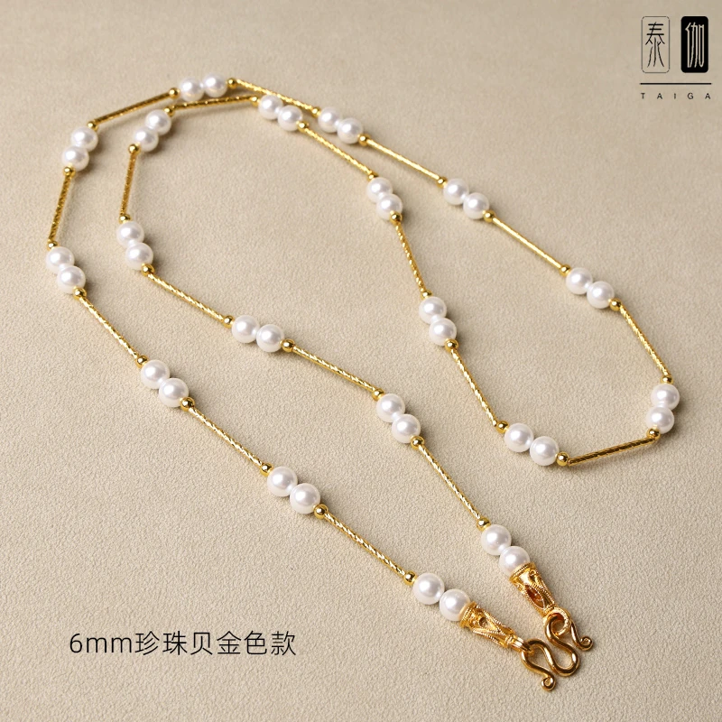 合金仿珍珠项链 泰伽原创设计佛牌珍珠贝金色毛衣链九尾蝴蝶牌链