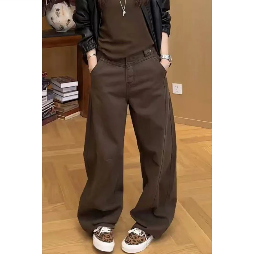 艾塔莉秋季新款高腰美拉德风牛仔裤早秋拖地长裤ins风百搭阔腿裤