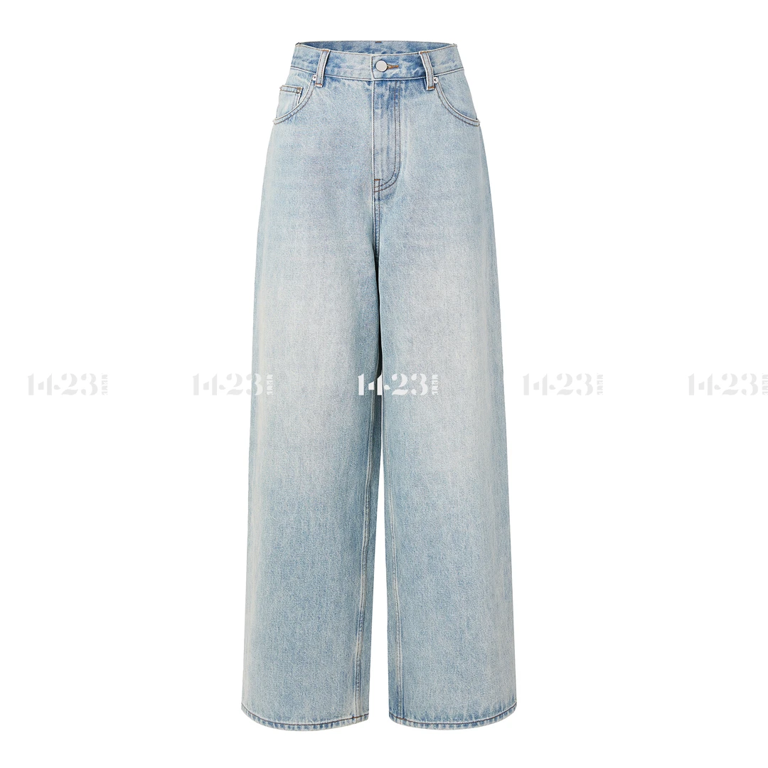 1423【悠闲时光】简约水洗时尚纯棉中腰夏季宽松设计师直筒牛仔裤