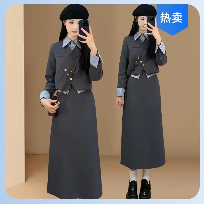赫本风时尚套装裙2025春秋新款尖尖领斜排扣假两件上衣小众半身裙
