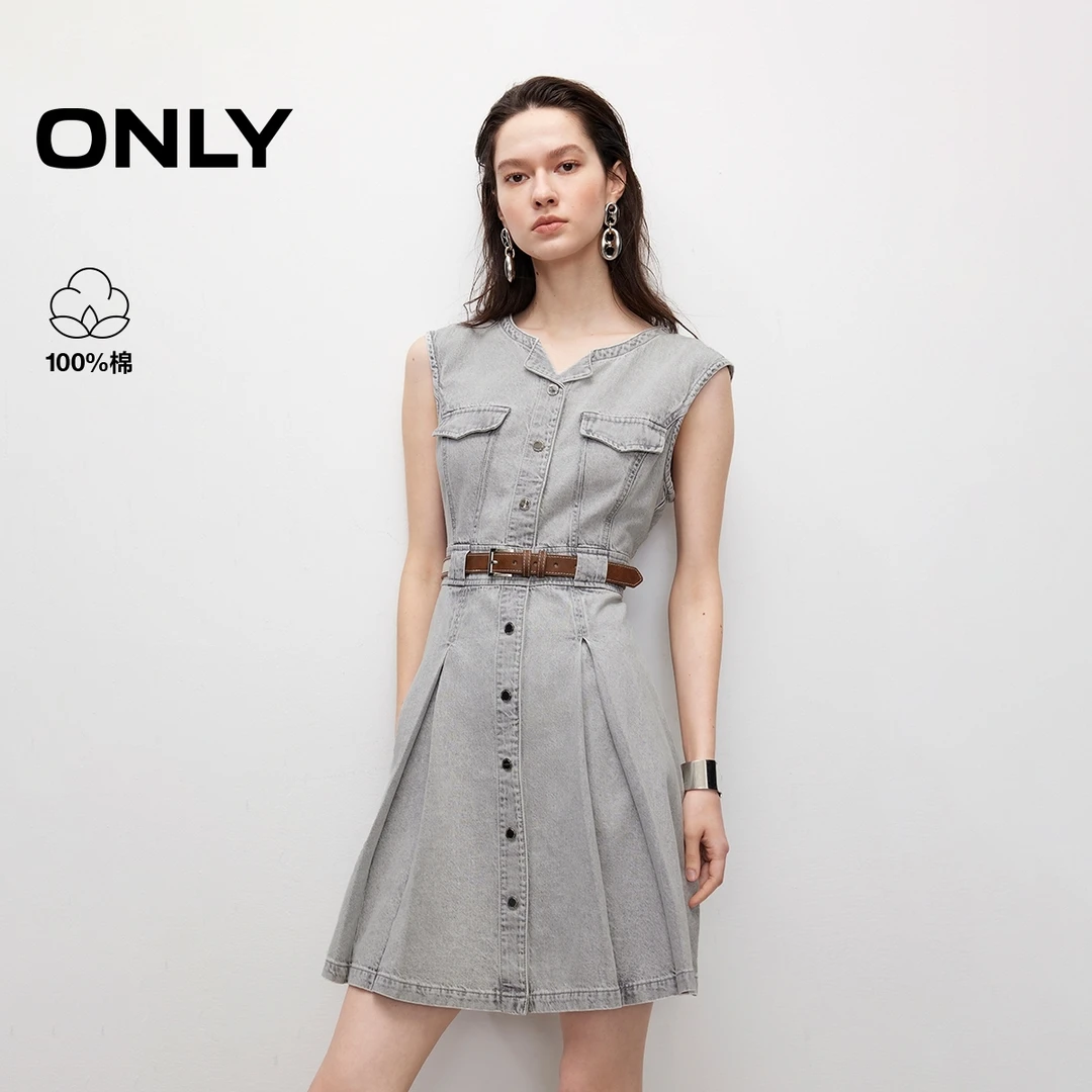 ONLY2025秋季新款A字圆领无袖捏褶短裙牛仔裙连衣裙女|125342005