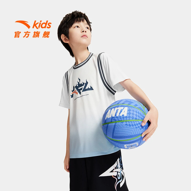 安踏儿童男孩夏季T恤篮球运动服2025新款宽松透气针织速干假两件