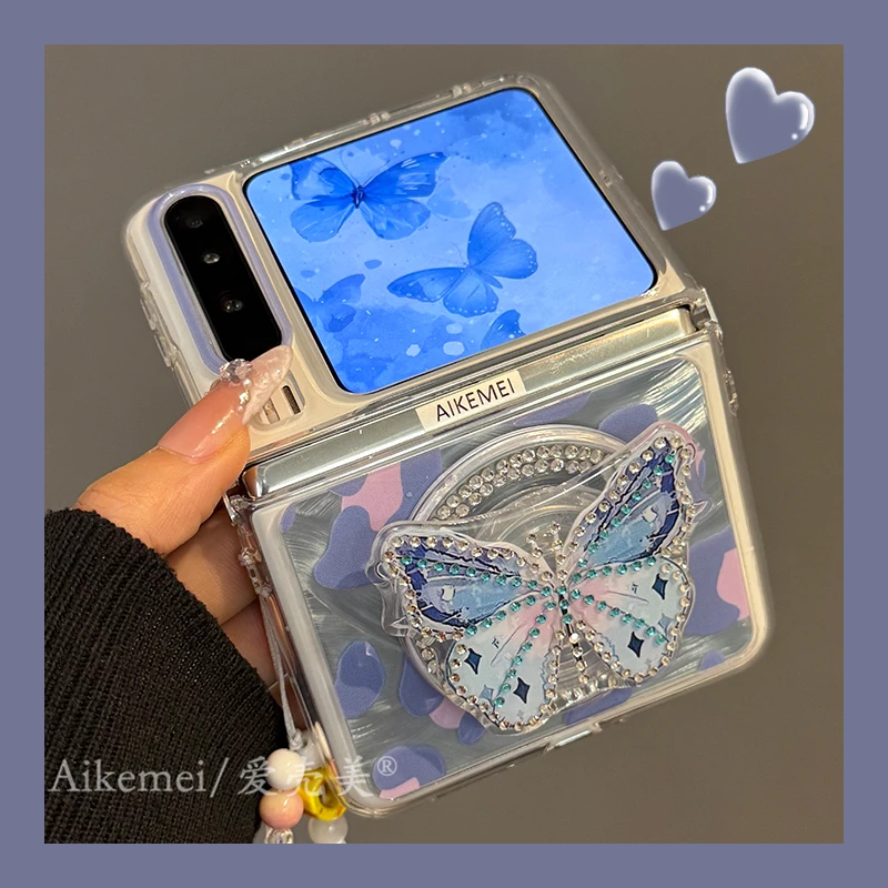 适用华为purax典藏版折叠屏手机壳pocket2羽纱纹水钻蝴蝶磁吸支架