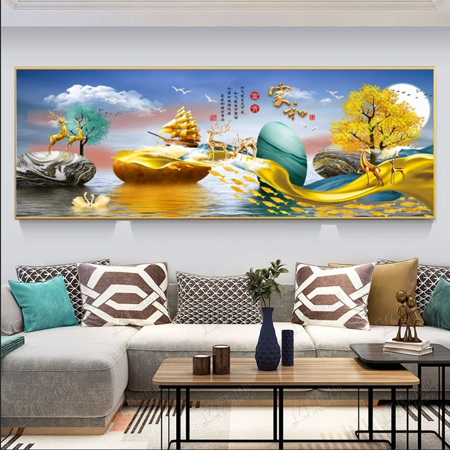 （现代家和富贵 横幅画 ）客厅沙发背景墙壁画晶瓷晶钻装饰挂画
