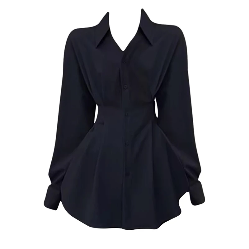大码春季设计感小众别致漂亮黑色收腰上衣微胖mm遮肉显瘦长袖衬衫