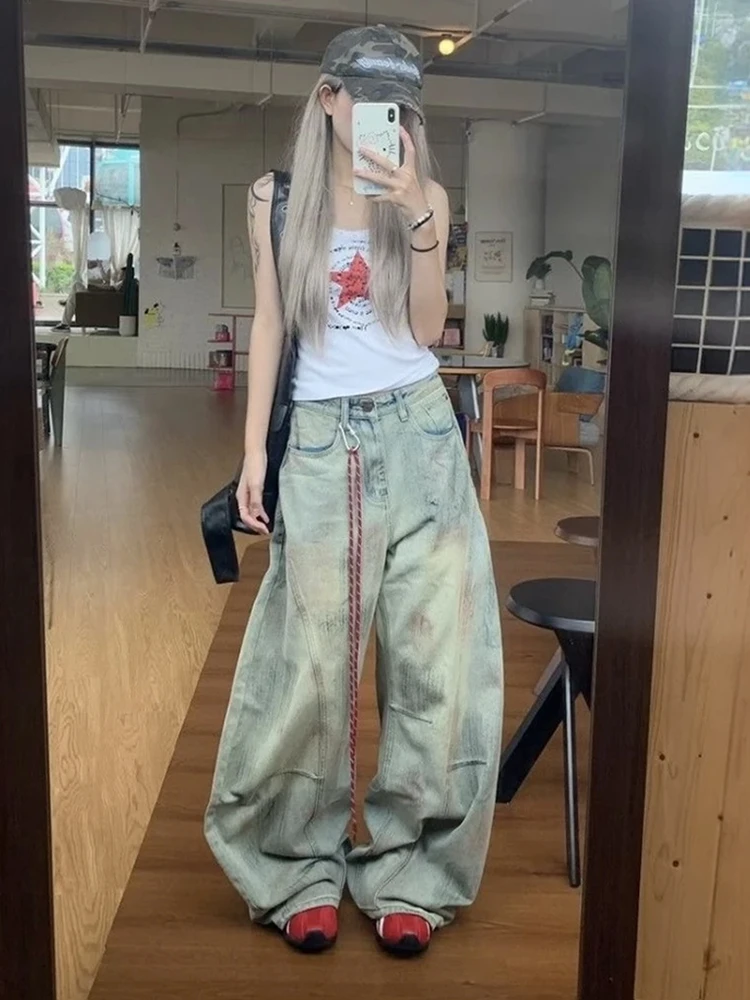 美式复古脏染春季做旧弯刀裤女新款设计感工装高腰宽松阔腿牛仔裤