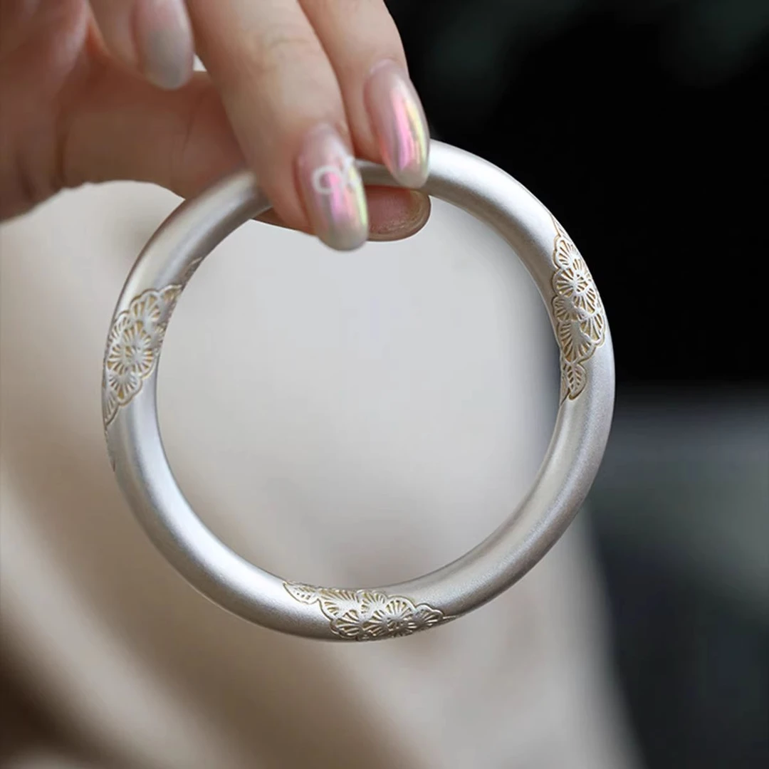 足银手镯 足银999纯银女款古法描金花叶圆棍手镯民族风圆圈镯子