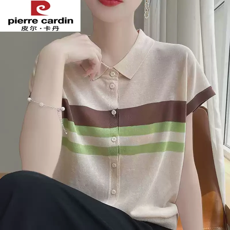 皮尔卡丹冰丝针织短袖t恤女2025新款爆款时尚小翻领减龄大码女装