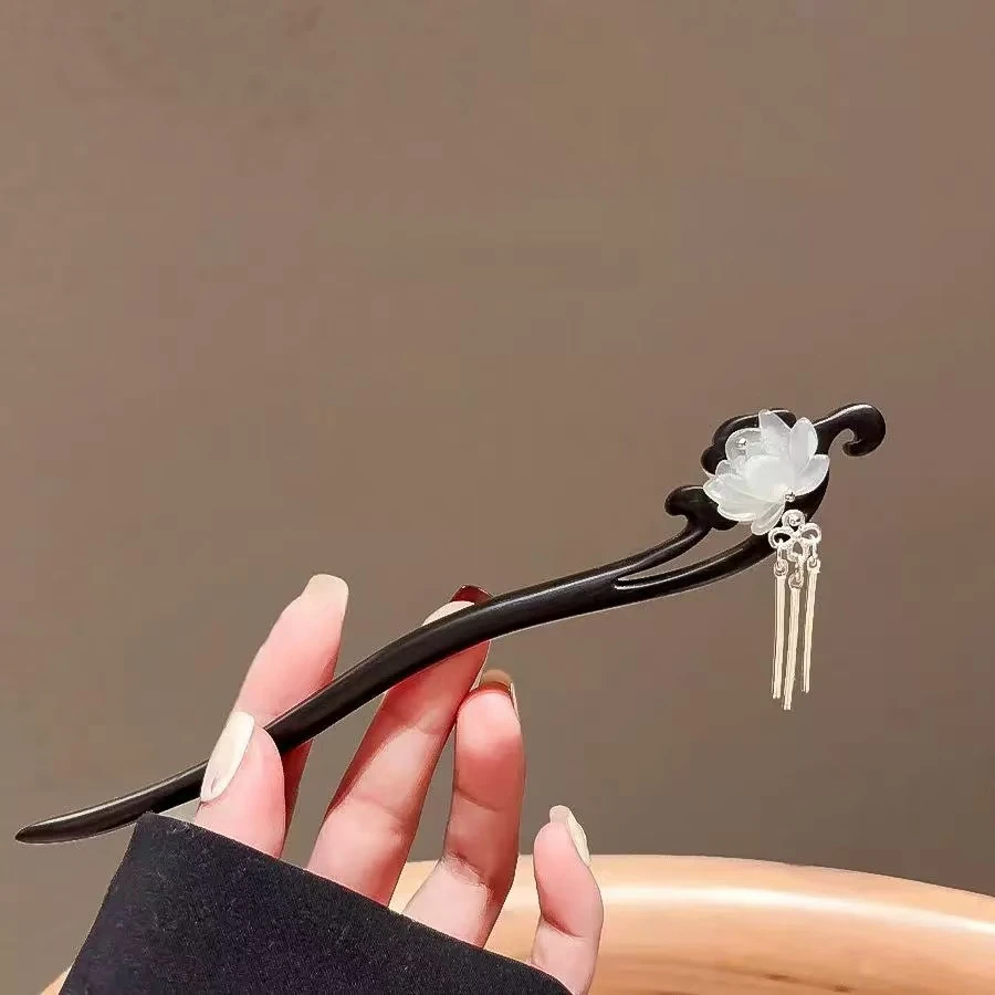 莲花木簪女发簪古风新中式步摇流苏发量少汉服马面裙配饰发钗