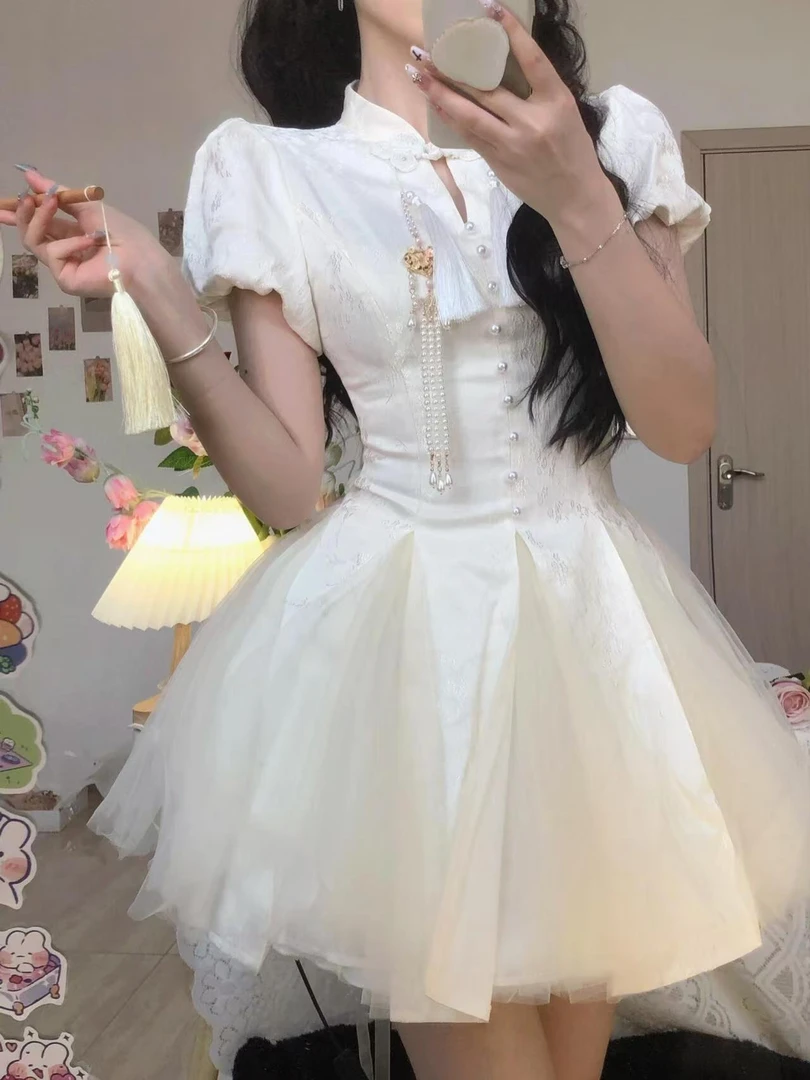 Apr.四月白色旗袍短裙流苏网纱短袖连衣裙女夏季新款