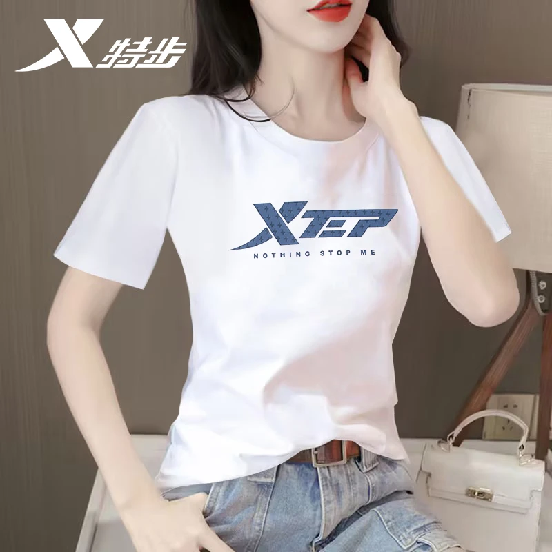特步短袖女纯棉t恤2025夏季白色大码圆领打底衫跑步半袖女士上衣
