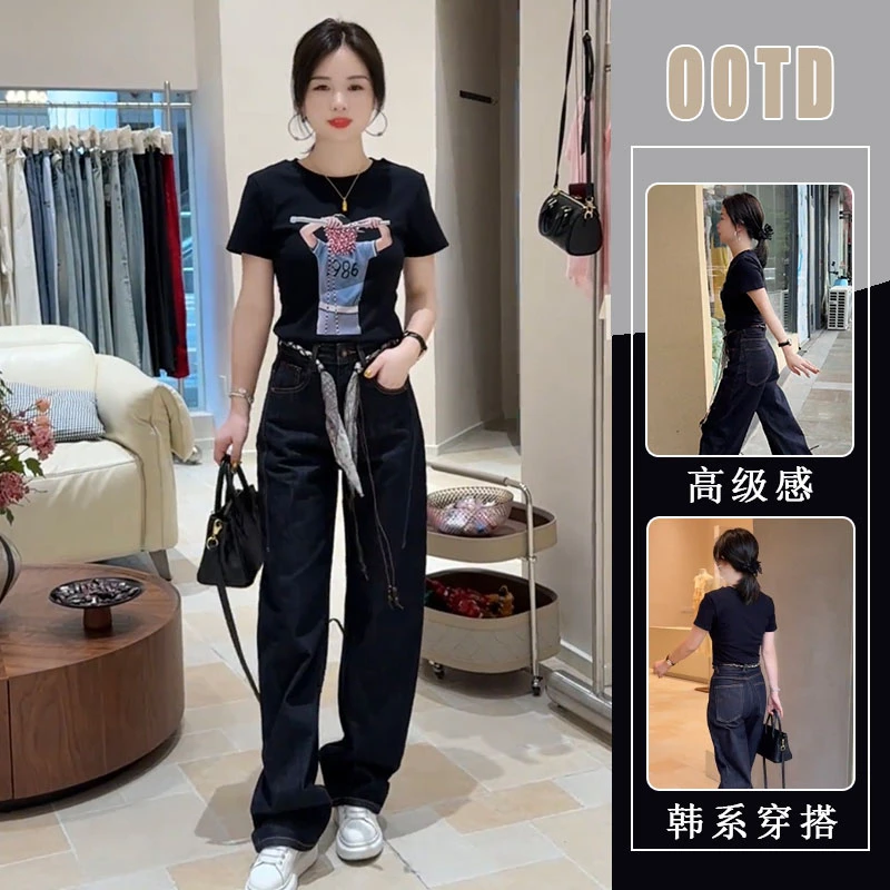 2025超火穿搭一整套洋气印花短袖T恤上衣高腰设计感牛仔裤两件套
