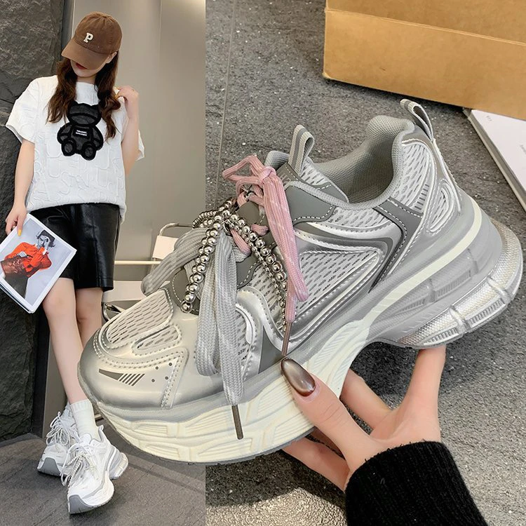 6cm厚底老爹鞋女2025夏新款小个子单网面透气女鞋增高休闲运动鞋