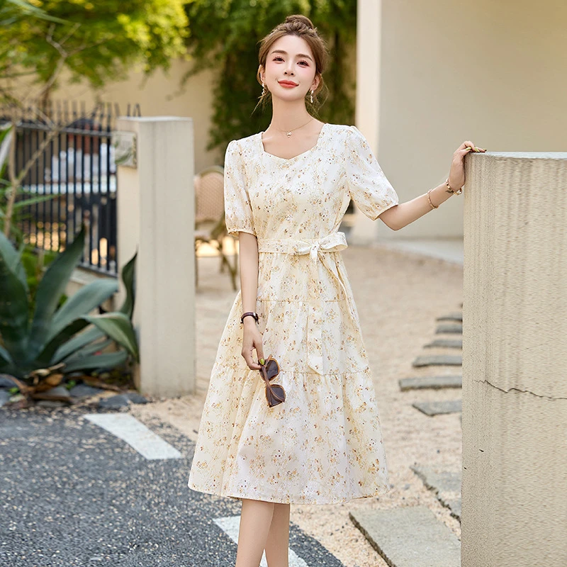 年夏装新款女装领印花凉爽收腰系带中长款时尚连衣裙