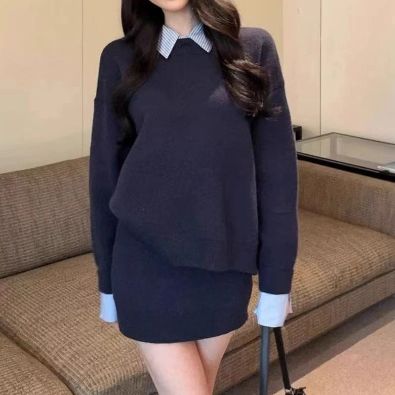 高级感时尚气质拼接衬衣领毛衣短裙两件套女2024秋冬季穿搭一整套
