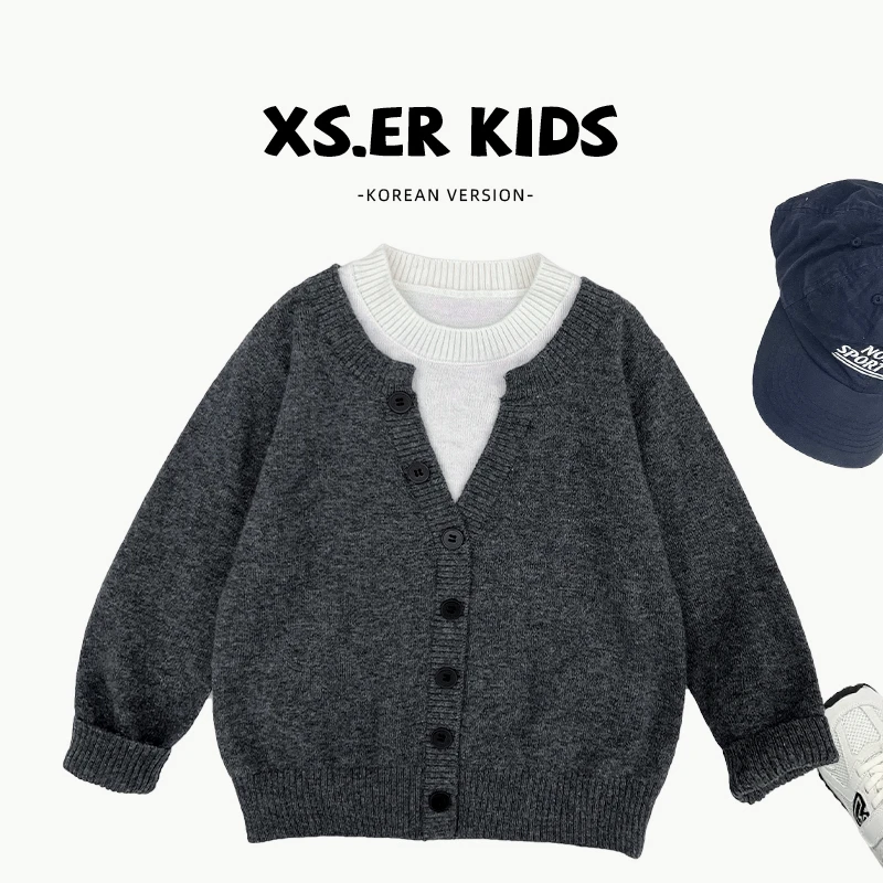 【小首尔】秋款男女童韩版洋气套头假两件设计款针织毛衣HBB7843