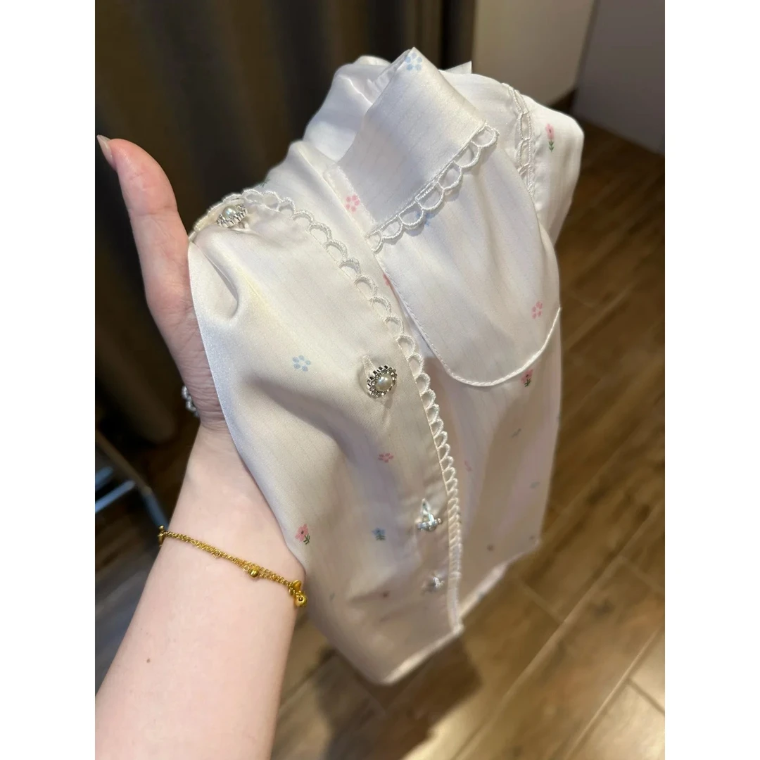 【简约小花】轻奢高级感冰丝短袖睡衣女夏天新款凉感长裤套装家居服