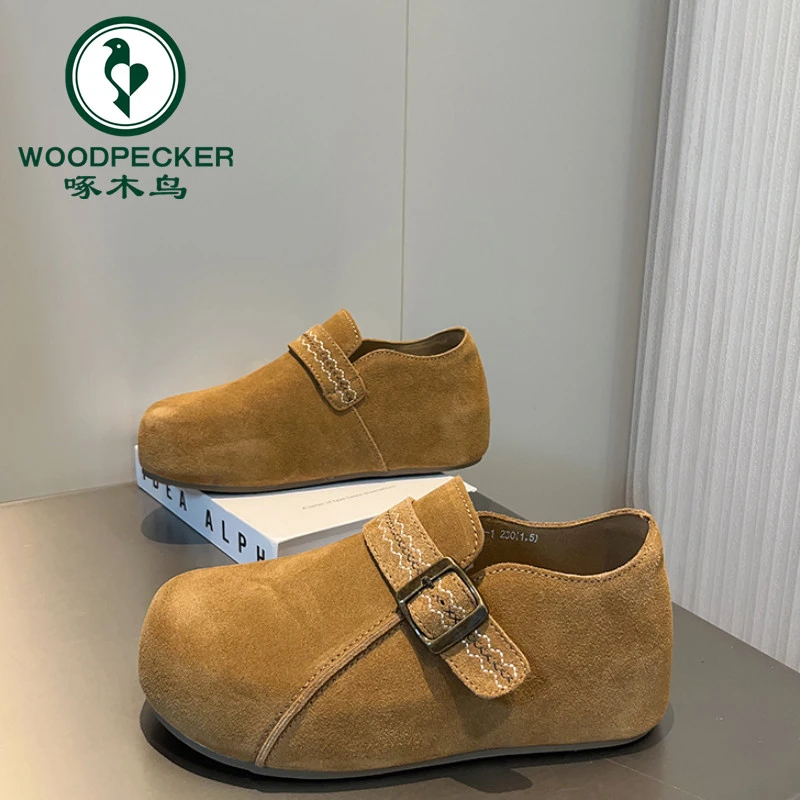 啄木鸟复古磨砂厚底勃肯鞋女2025秋季新款懒人一脚蹬内增高乐福鞋