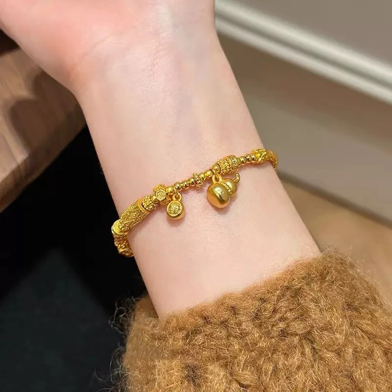 铜合金手链 24k古法葫芦金珠盘缠手链女款轻奢小众高级感C6