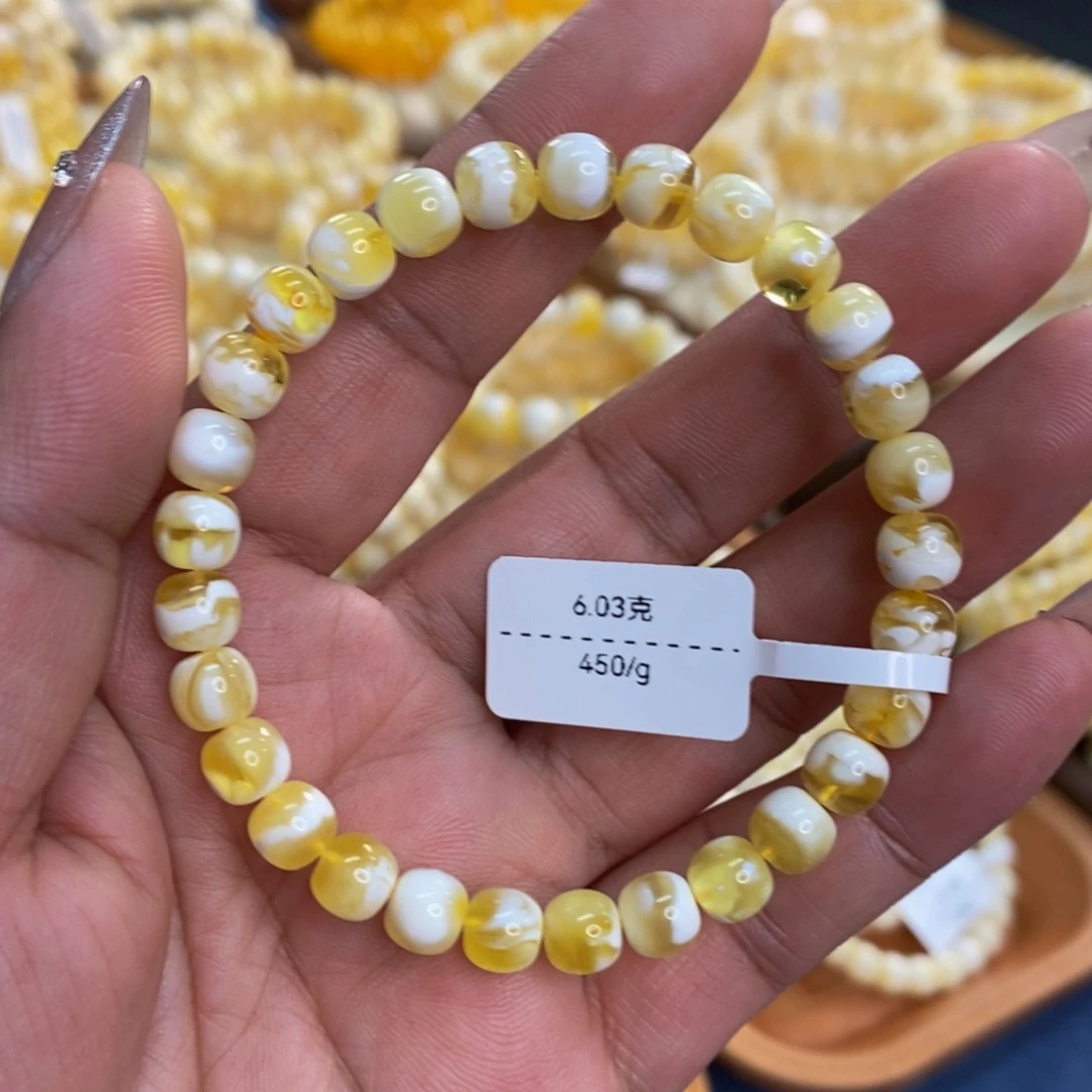 顶****未镶嵌琥珀手链7m金瓷白手串