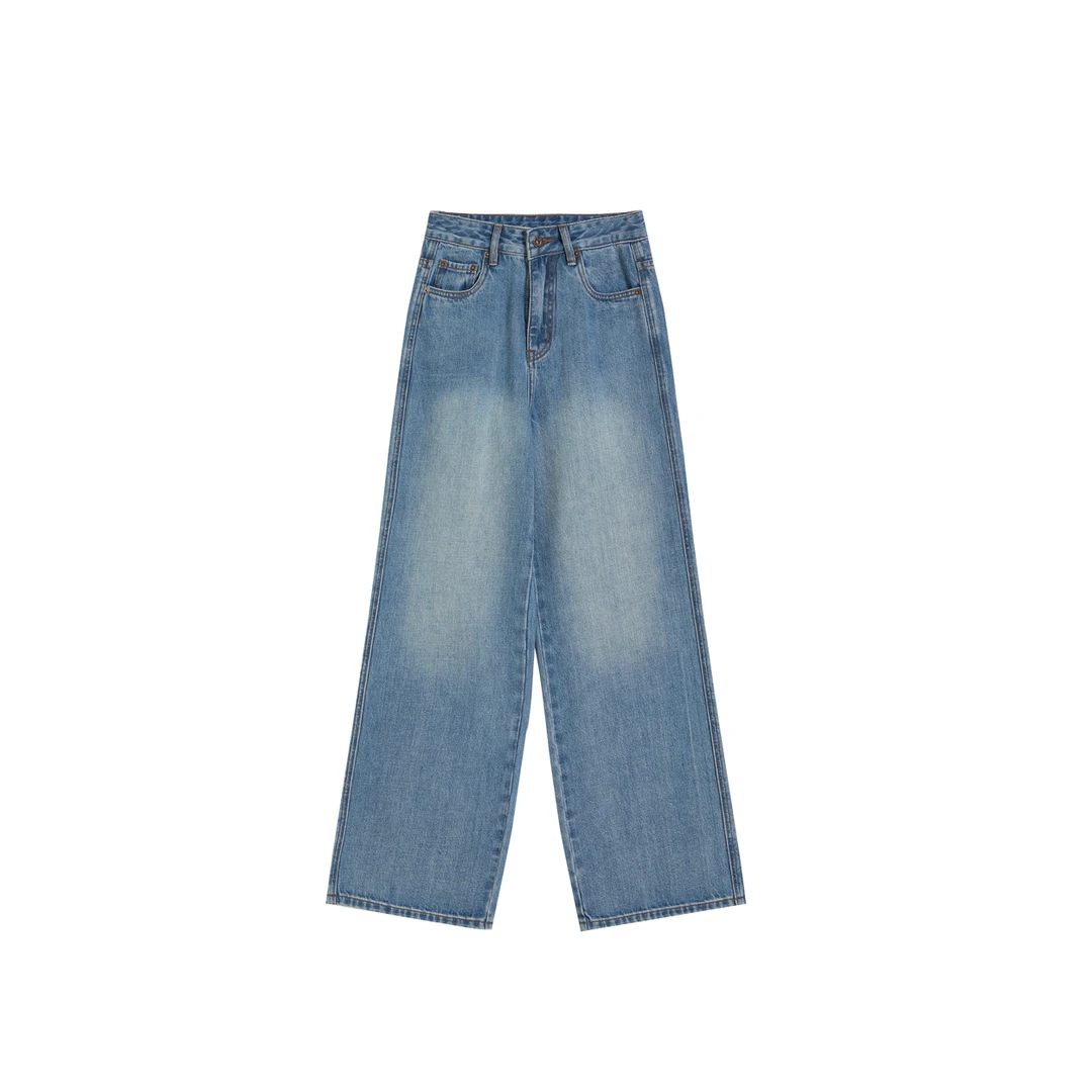 秋季蓝色水洗轻奢质感名媛休闲高腰直筒牛仔裤女K2689