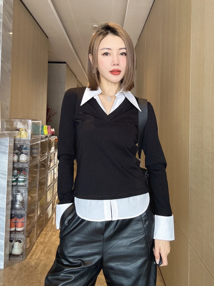 【CM】黑白撞色气质翻领衬衫M4S1212