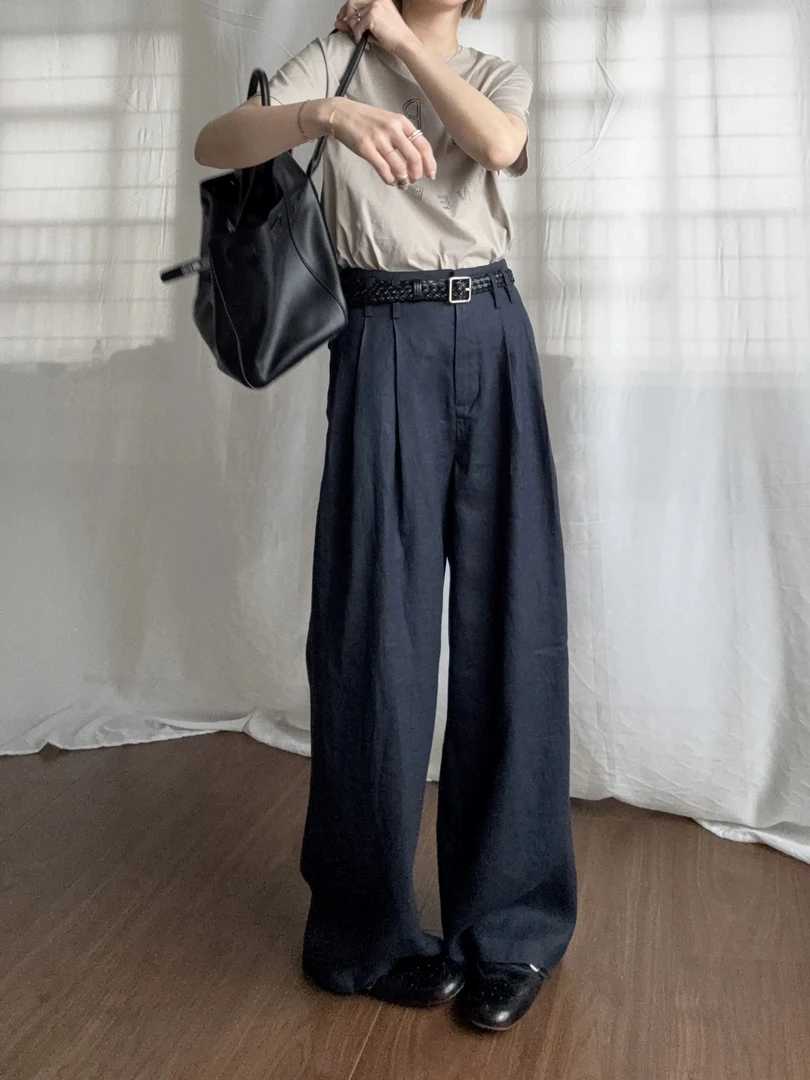 2025秋季新款时髦极简亚麻中腰阔腿百搭显瘦休闲裤垂感拖地女K37