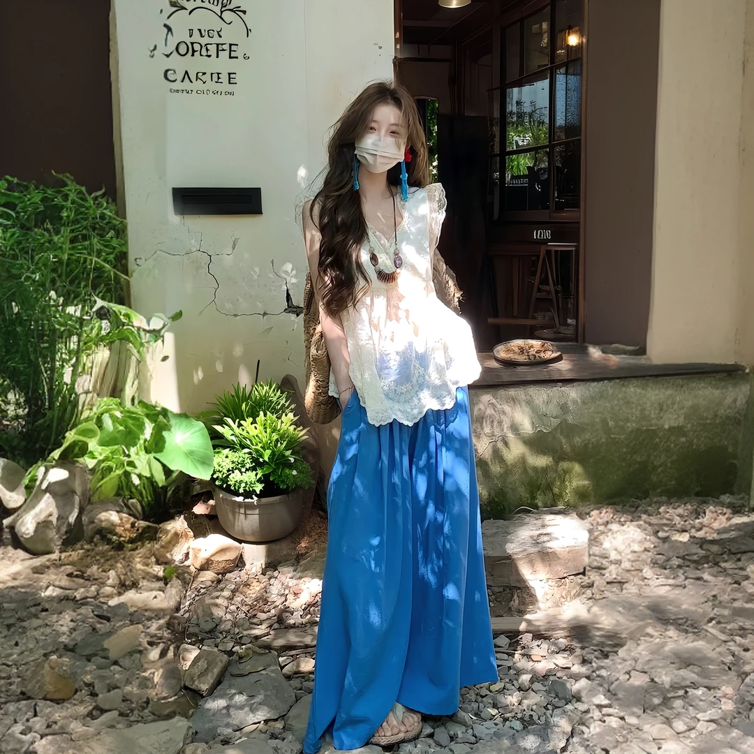 夏季套装两件套田园慵懒风蕾丝上衣+阔腿裤洋气休闲复古时尚设计