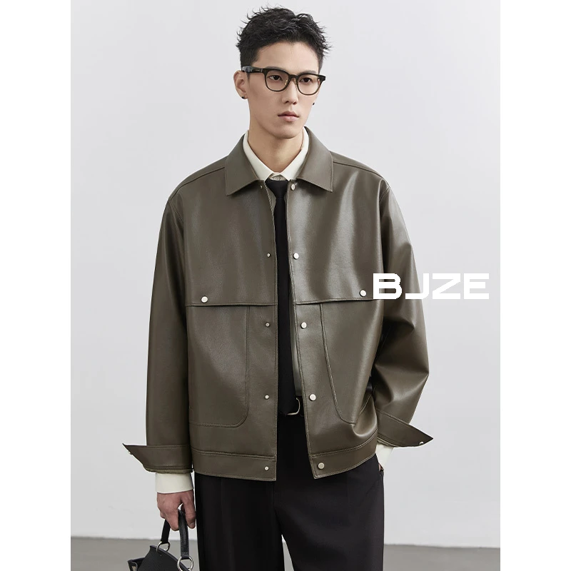 BJZE男装春秋新款定织PU皮夹克短款机车潮流翻领上衣外套E431459