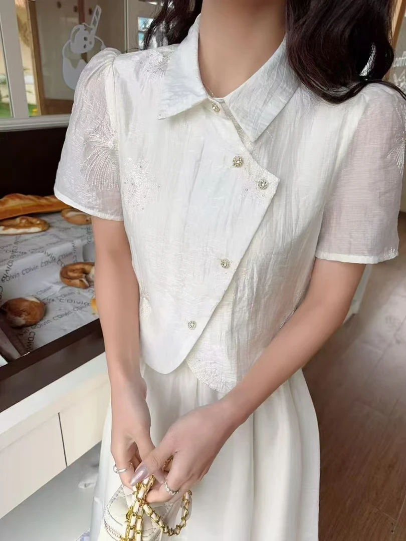 简约通勤中国风韩版时尚套装夏季衬衣娃娃领套装小香风重工法式