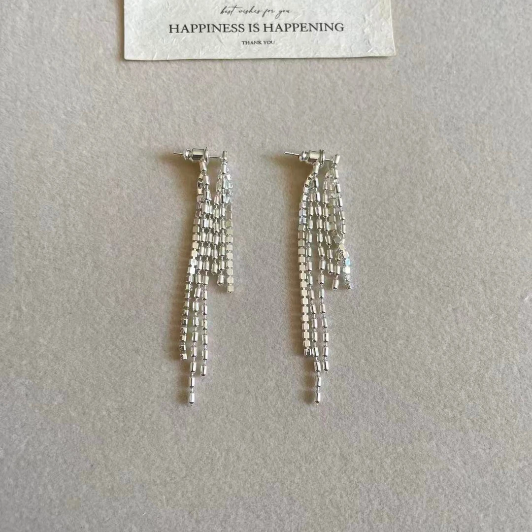 925银合成锆石耳饰 银色流苏耳环镶钻气质小众高级耳钉耳饰轻奢女