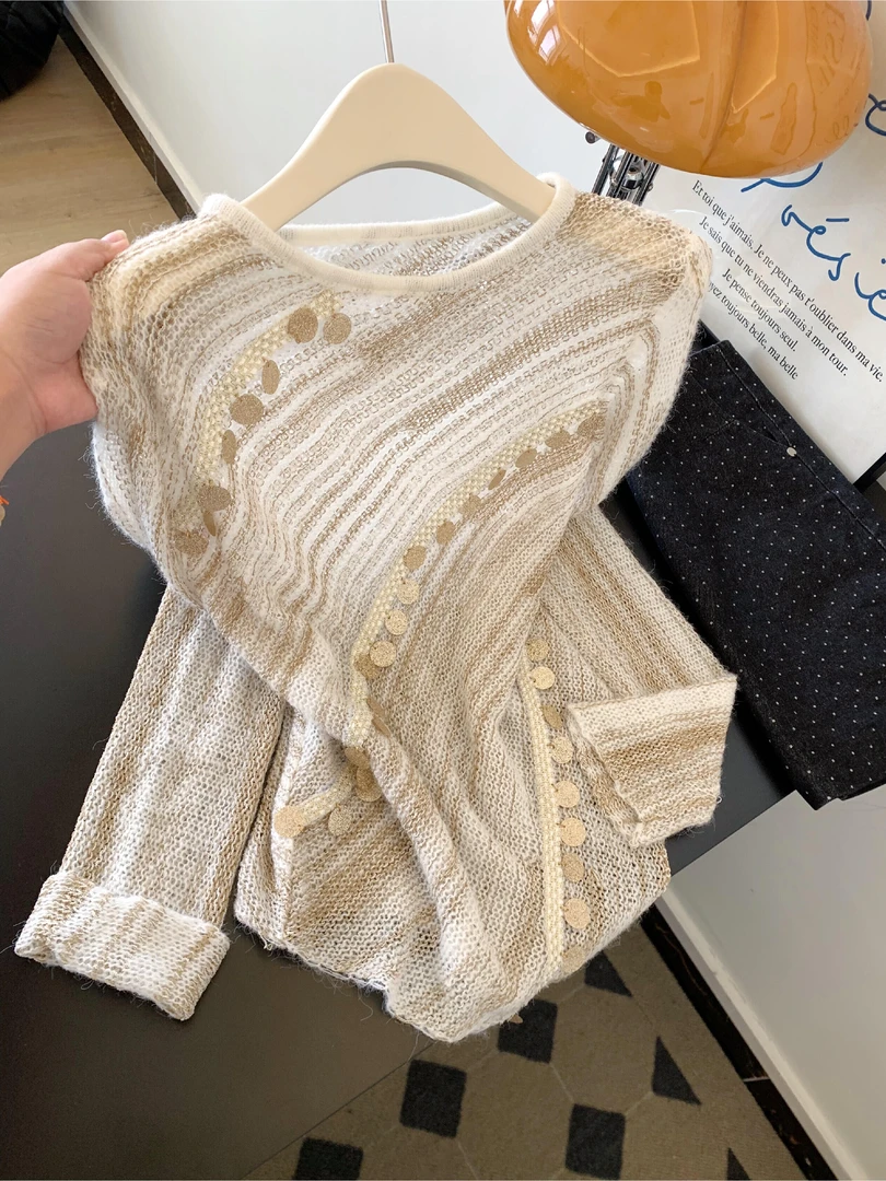 2025秋季新款韩系复古温柔小香风上衣圆领长袖亮片设计针织衫T恤