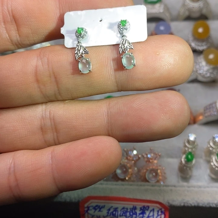 翡翠耳饰银S925镶嵌耳钉