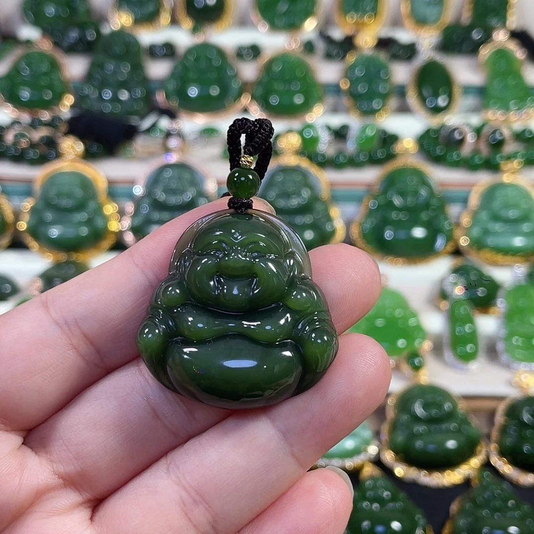 和田玉（碧玉）18K金镶嵌颈饰猫眼佛公35