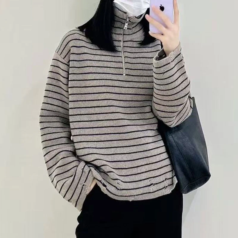 【商场同款】2025新款经典条纹毛衣落肩袖百搭毛针织衫半拉链长袖女
