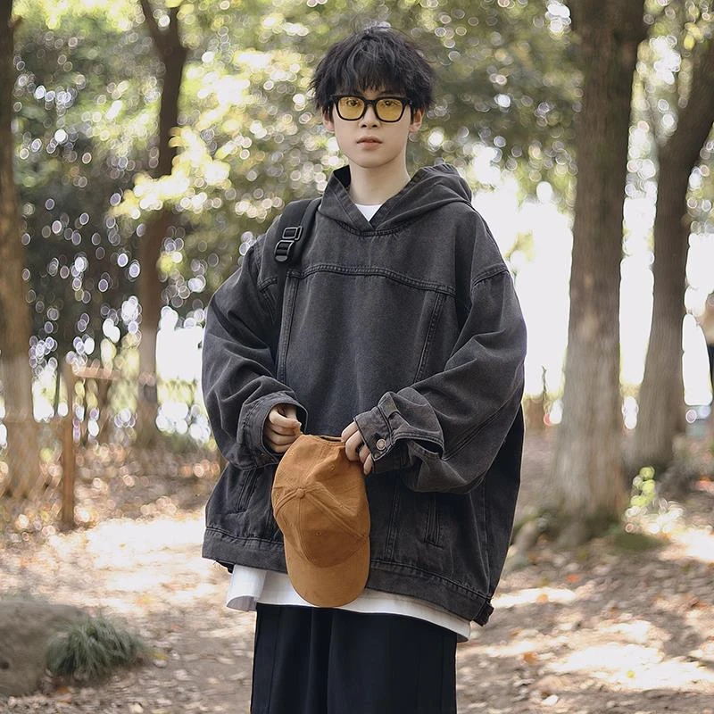 【TQUX港奢男装】港风水洗复古牛仔卫衣外套男连帽秋季潮牌日系宽