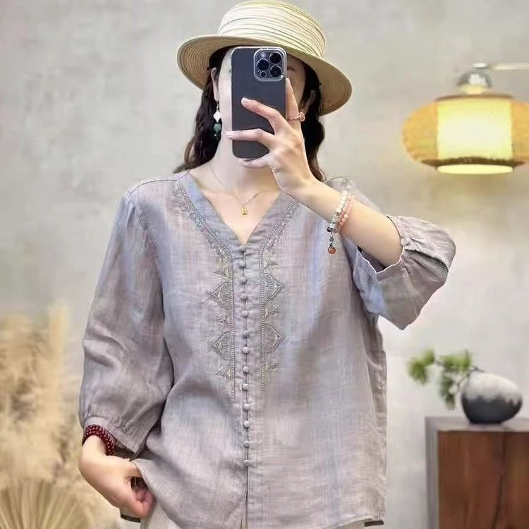 妈妈装时尚刺绣夏季短袖气质显瘦休闲百搭文艺绣花上衣套装