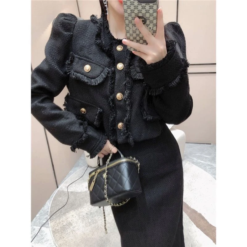 秋冬新款时尚套装女小香风气质名媛短款西装外套女显瘦开叉长裙子