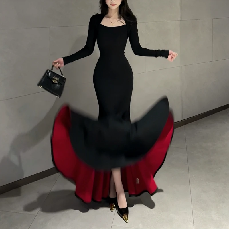 【红底加厚复合绒】秋冬步步生莲方领显瘦百搭包臀鱼尾裙气质长裙