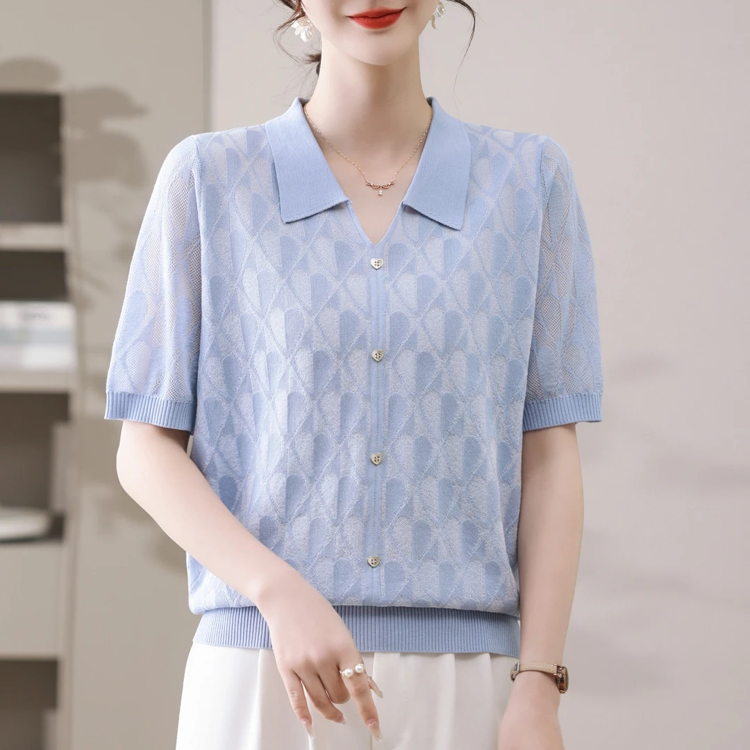 妈妈装提花翻领针织衫上衣女夏季新款减龄显瘦短袖8900