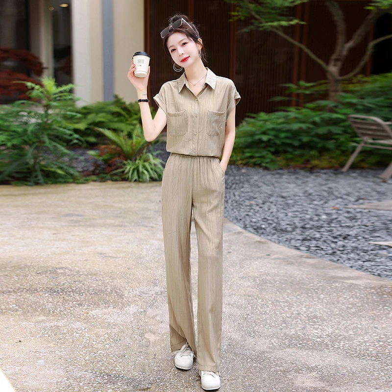 夏装一整套显瘦韩系穿搭衬衫休闲套装2025新款小个子阔腿裤两件套