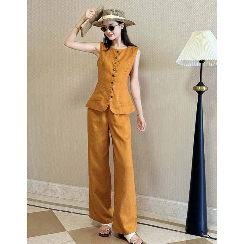 【奶糖专属】天丝亚麻洋气夏季休闲风无袖时尚休闲背心外穿时尚套装