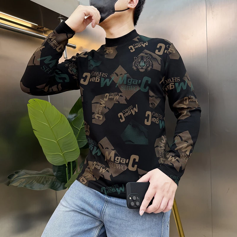秋冬季轻奢潮流青年长袖卫衣男士修身时尚印花高品质中领体恤衫