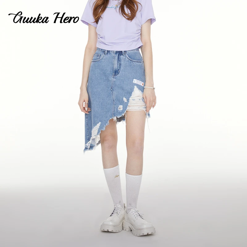 GUUKA HERO牛仔短裙女小众高级感不对称磨破设计包臀斜下摆半身裙