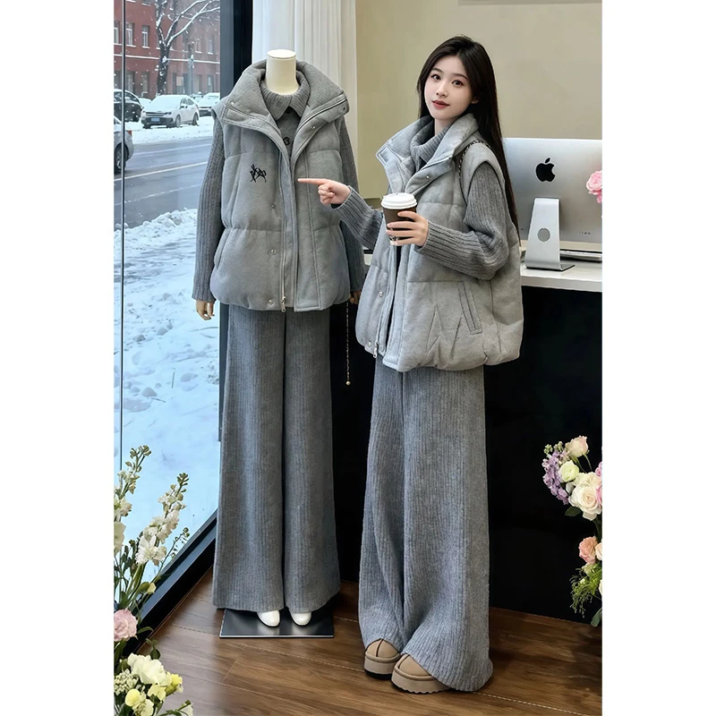 韩系冬装一整套复古慵懒灰色翻领针织开衫阔腿裤保暖棉服马甲套装