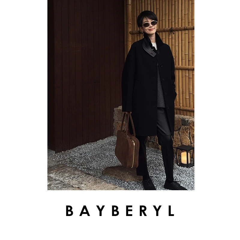 CC12-BAYBERYL老贝小夜曲*拼皮立领单排扣冬黑色毛呢大衣MF5I2301