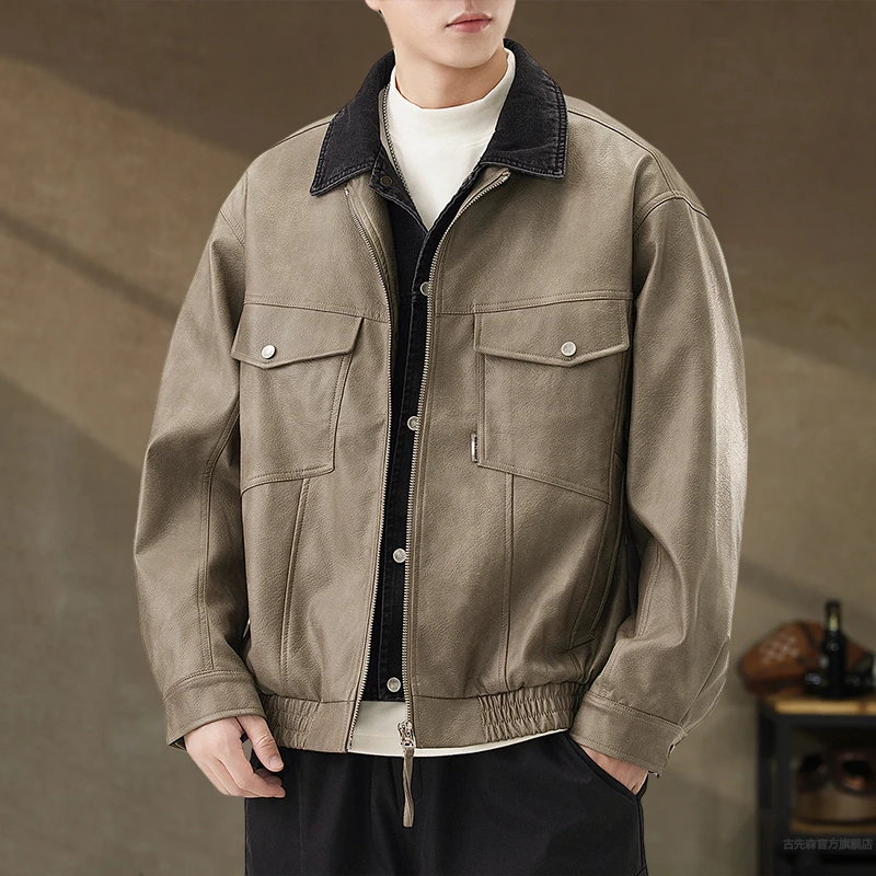 美式高端复古假两件PU皮衣外套男秋冬新款机车痞帅翻领皮夹克男装