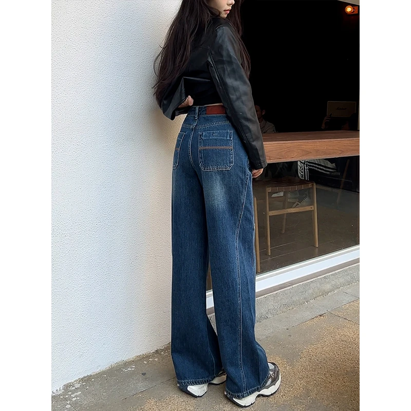 美思源牛仔裤女款2025年秋季新款宽松垂感弯刀裤复古高腰阔腿裤子