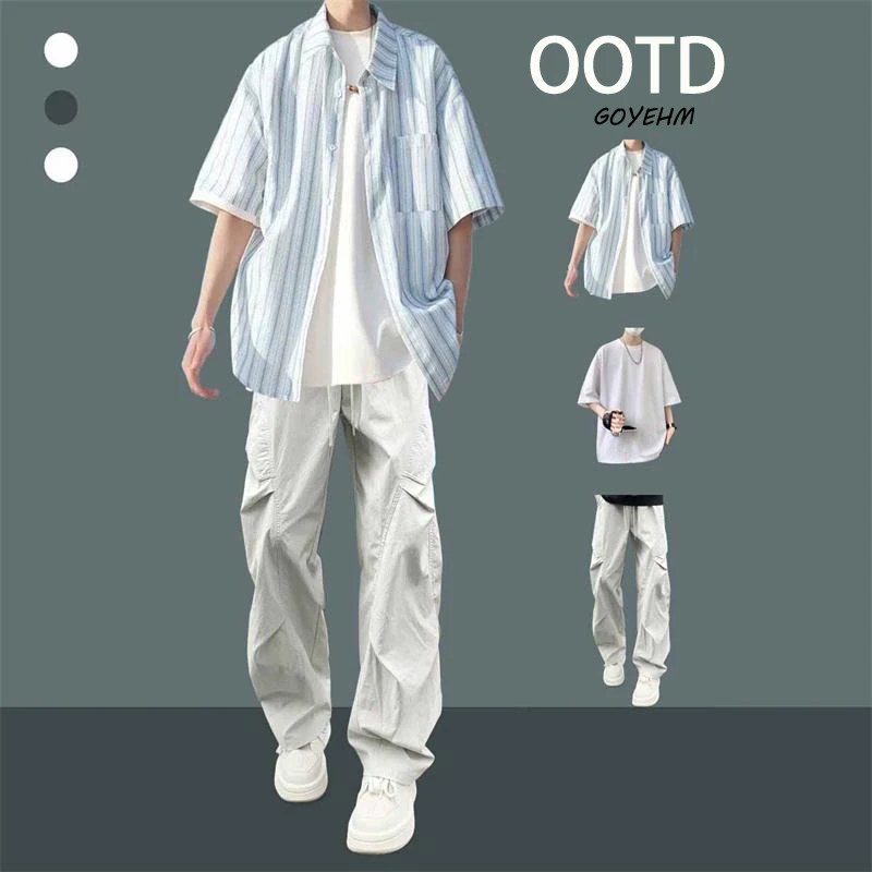 盐系男友风穿搭夏季清爽阳光干净条纹短袖衬衫男生长裤痞帅一套装