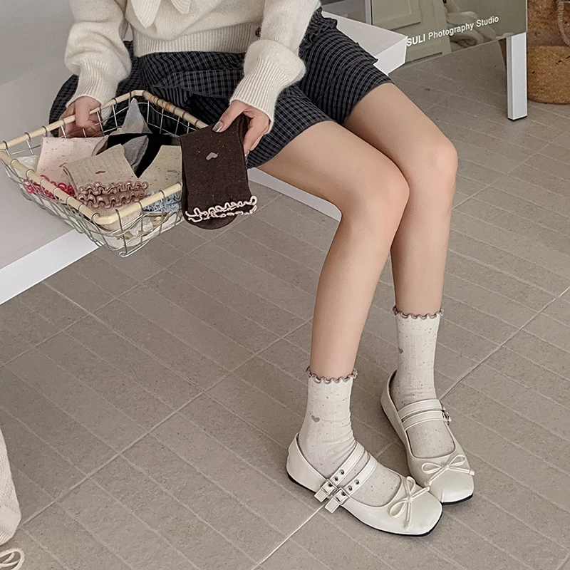 韩系竖纹学院风中筒袜甜美木耳卷边袜子温柔粉色爱心点子纱堆堆袜